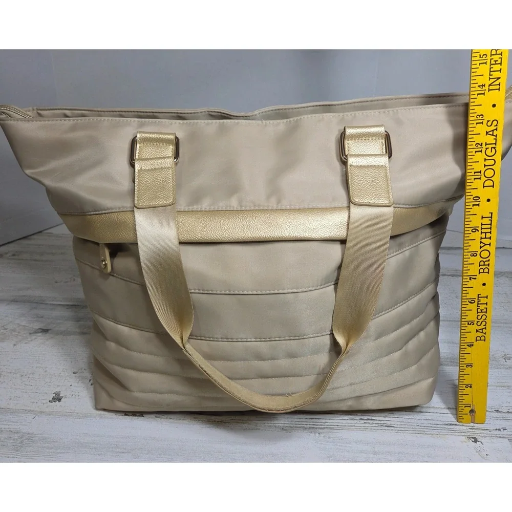 Chicos Large Tote Bag Champagne Gold Nylon Vegan Leather Weekender Travel Purse